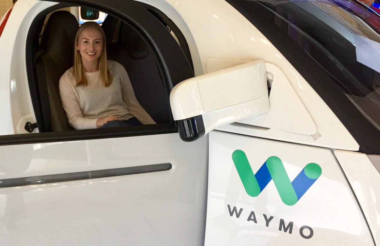 Anne Staaby in a Waymo self driving car – a subsidiary of Google's parent company, Alphabet Inc.